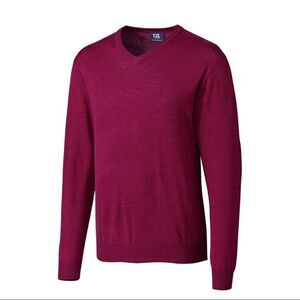 Cutter & Buck Merino Wool Blend Sweater Douglas V-Neck Pullover In Wine Burgundy